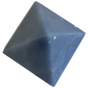 Polished natural angelite crystal pyramid2 sians emporium Polished blue angelite four sided pyramid showing natural white veining and earthy inclusions on a white background